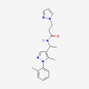 molecular formula C19H23N5O B6050229 N-[1-[5-methyl-1-(2-methylphenyl)pyrazol-4-yl]ethyl]-3-pyrazol-1-ylpropanamide 