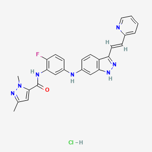 molecular formula C26H23ClFN7O B605223 N-[2-fluoro-5-[[3-[(E)-2-pyridin-2-ylethenyl]-1H-indazol-6-yl]amino]phenyl]-2,5-dimethylpyrazole-3-carboxamide;hydrochloride CAS No. 319463-49-5