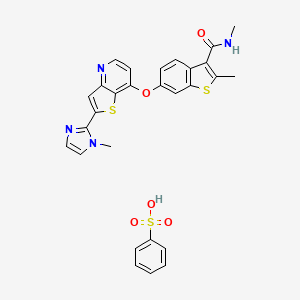molecular formula C28H24N4O5S3 B605224 benzenesulfonic acid;N,2-dimethyl-6-[2-(1-methylimidazol-2-yl)thieno[3,2-b]pyridin-7-yl]oxy-1-benzothiophene-3-carboxamide CAS No. 881688-70-6