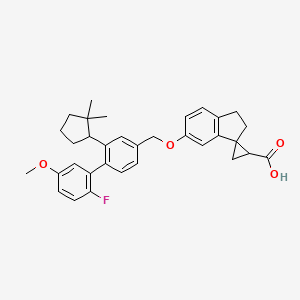 molecular formula C33H35FO4 B605378 5-[[3-(2,2-Dimethylcyclopentyl)-4-(2-fluoro-5-methoxyphenyl)phenyl]methoxy]spiro[1,2-dihydroindene-3,2'-cyclopropane]-1'-carboxylic acid CAS No. 1222088-90-5
