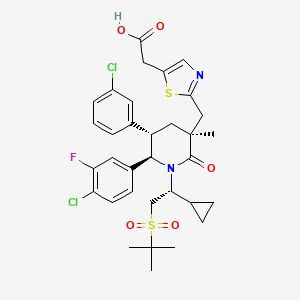 molecular formula C33H37Cl2FN2O5S2 B605382 2-[2-[[(3S,5S,6R)-1-[(1R)-2-tert-butylsulfonyl-1-cyclopropylethyl]-6-(4-chloro-3-fluorophenyl)-5-(3-chlorophenyl)-3-methyl-2-oxopiperidin-3-yl]methyl]-1,3-thiazol-5-yl]acetic acid CAS No. 1584732-36-4