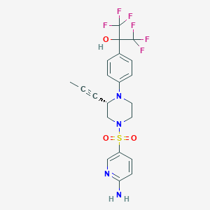 molecular formula C21H20F6N4O3S B605407 2-{4-[(2s)-4-[(6-Aminopyridin-3-Yl)sulfonyl]-2-(Prop-1-Yn-1-Yl)piperazin-1-Yl]phenyl}-1,1,1,3,3,3-Hexafluoropropan-2-Ol CAS No. 1361224-53-4