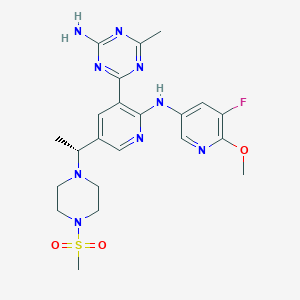 molecular formula C22H28FN9O3S B605409 4-(2-[(5-Fluoro-6-Methoxypyridin-3-Yl)amino]-5-{(1r)-1-[4-(Methylsulfonyl)piperazin-1-Yl]ethyl}pyridin-3-Yl)-6-Methyl-1,3,5-Triazin-2-Amine CAS No. 1253573-53-3