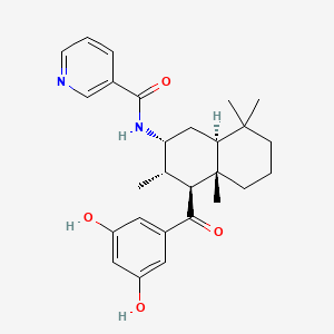 molecular formula C27H34N2O4 B605556 N-[(2R,3S,4S,4aS,8aS)-4-(3,5-dihydroxybenzoyl)-3,4a,8,8-tetramethyl-1,2,3,4,5,6,7,8a-octahydronaphthalen-2-yl]pyridine-3-carboxamide CAS No. 1619983-52-6