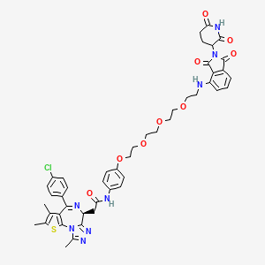 molecular formula C46H47ClN8O9S B605597 2-((S)-4-(4-chlorophenyl)-2,3,9-trimethyl-6H-thieno[3,2-f][1,2,4]triazolo[4,3-a][1,4]diazepin-6-yl)-N-(4-(2-(2-(2-(2-((2-(2,6-dioxopiperidin-3-yl)-1,3-dioxoisoindolin-4-yl)amino)ethoxy)ethoxy)ethoxy)ethoxy)phenyl)acetamide CAS No. 1818885-28-7