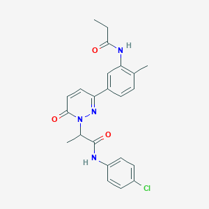 molecular formula C23H23ClN4O3 B6057209 N-(4-chlorophenyl)-2-{3-[4-methyl-3-(propanoylamino)phenyl]-6-oxopyridazin-1(6H)-yl}propanamide 