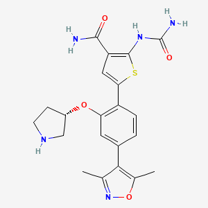 molecular formula C21H23N5O4S B605754 3-Thiophenecarboxamide, 2-((aminocarbonyl)amino)-5-(4-(3,5-dimethyl-4-isoxazolyl)-2-((3S)-3-pyrrolidinyloxy)phenyl)- CAS No. 1609281-86-8