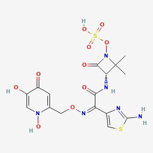 molecular formula C16H18N6O10S2 B605906 4-Thiazoleacetamide, 2-amino-alpha-(((1,4-dihydro-1,5-dihydroxy-4-oxo-2-pyridinyl)methoxy)imino)-N-((3S)-2,2-dimethyl-4-oxo-1-(Sulfooxy)-3-azetidinyl)-, (alphaz)- CAS No. 941285-15-0