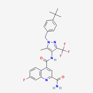 molecular formula C27H25F4N5O2 B605941 4-N-[1-[(4-tert-butylphenyl)methyl]-5-methyl-3-(trifluoromethyl)pyrazol-4-yl]-7-fluoroquinoline-2,4-dicarboxamide CAS No. 1799759-24-2