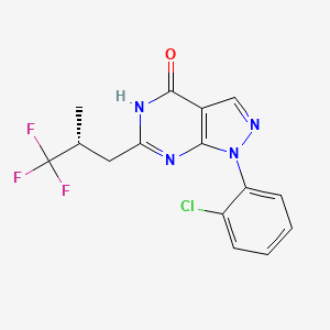 molecular formula C15H12ClF3N4O B605953 4H-Pyrazolo(3,4-d)pyrimidin-4-one, 1-(2-chlorophenyl)-1,5-dihydro-6-((2R)-3,3,3-trifluoro-2-methylpropyl)- CAS No. 794568-92-6