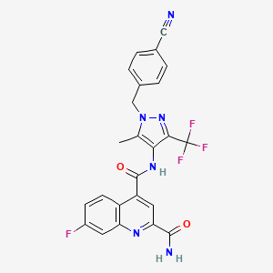 molecular formula C24H16F4N6O2 B605960 N4-[1-[(4-cyanophenyl)methyl]-5-methyl-3-(trifluoromethyl)-1H-pyrazol-4-yl]-7-fluoro-2,4-Quinolinedicarboxamide CAS No. 1799753-84-6