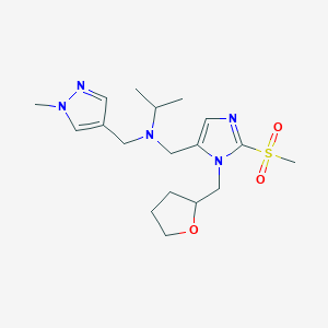molecular formula C18H29N5O3S B6060014 N-[(1-methylpyrazol-4-yl)methyl]-N-[[2-methylsulfonyl-3-(oxolan-2-ylmethyl)imidazol-4-yl]methyl]propan-2-amine 