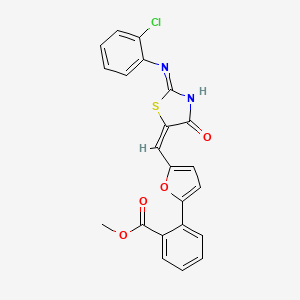 molecular formula C22H15ClN2O4S B6060966 methyl 2-{5-[(E)-{(2E)-2-[(2-chlorophenyl)imino]-4-oxo-1,3-thiazolidin-5-ylidene}methyl]furan-2-yl}benzoate 