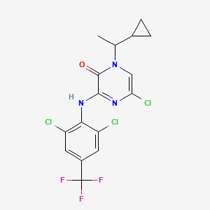 molecular formula C16H14Cl3F2N3O2 B606241 5-Chloro-1-(1-cyclopropylethyl)-3-[2,6-dichloro-4-(trifluoromethyl)anilino]pyrazin-2-one CAS No. 1173435-64-7