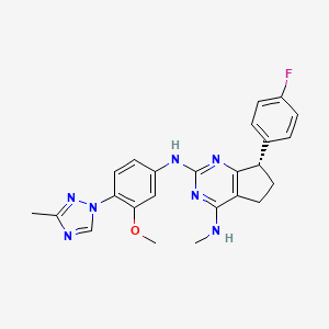 molecular formula C24H24FN7O B606269 5H-Cyclopenta(d)pyrimidine-2,4-diamine, 7-(4-fluorophenyl)-6,7-dihydro-N2-(3-methoxy-4-(3-methyl-1H-1,2,4-triazol-1-yl)phenyl)-N4-methyl-, (7S)- CAS No. 1263871-36-8