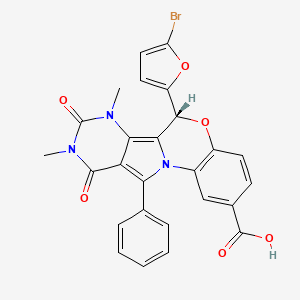 molecular formula C26H18BrN3O6 B606330 (9R)-9-(5-bromofuran-2-yl)-12,14-dimethyl-13,15-dioxo-17-phenyl-8-oxa-1,12,14-triazatetracyclo[8.7.0.02,7.011,16]heptadeca-2(7),3,5,10,16-pentaene-4-carboxylic acid CAS No. 1415390-47-4