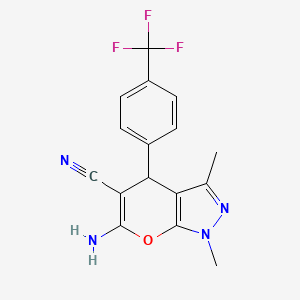 molecular formula C16H13F3N4O B606333 6-Amino-1,3-dimethyl-4-(4-(trifluoromethyl)phenyl)-1,4-dihydropyrano[2,3-c]pyrazole-5-carbonitrile CAS No. 1637739-82-2