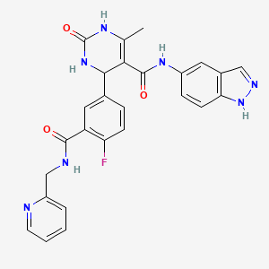 molecular formula C26H22FN7O3 B606539 4-(4-fluoro-3-((pyridin-2-ylmethyl)carbamoyl)phenyl)-N-(1H-indazol-5-yl)-6-methyl-2-oxo-1,2,3,4-tetrahydropyrimidine-5-carboxamide CAS No. 1813527-81-9
