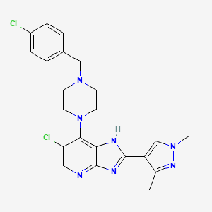 molecular formula C22H23Cl2N7 B606547 6-chloro-7-[4-[(4-chlorophenyl)methyl]piperazin-1-yl]-2-(1,3-dimethylpyrazol-4-yl)-1H-imidazo[4,5-b]pyridine CAS No. 1402709-93-6