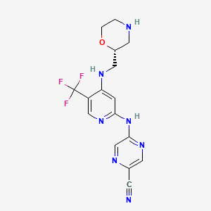 molecular formula C16H16F3N7O B606549 (R)-5-((4-((morpholin-2-ylmethyl)amino)-5-(trifluoromethyl)pyridin-2-yl)amino)pyrazine-2-carbonitrile CAS No. 1489389-18-5