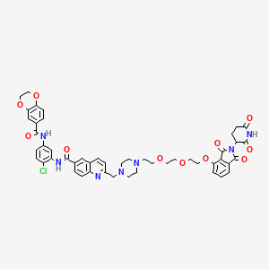 molecular formula C49H48ClN7O11 B606558 N-(2-Chloro-5-(2,3-dihydrobenzo[b][1,4]dioxine-6-carboxamido)phenyl)-2-((4-(2-(2-(2-((2-(2,6-dioxopiperidin-3-yl)-1,3-dioxoisoindolin-4-yl)oxy)ethoxy)ethoxy)ethyl)piperazin-1-yl)methyl)quinoline-6-carboxamide CAS No. 2229856-58-8