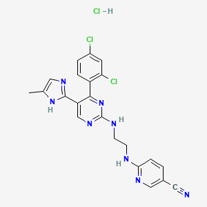 molecular formula C22H19Cl3N8 B606648 6-[2-[[4-(2,4-dichlorophenyl)-5-(5-methyl-1H-imidazol-2-yl)pyrimidin-2-yl]amino]ethylamino]pyridine-3-carbonitrile;hydrochloride CAS No. 1797989-42-4