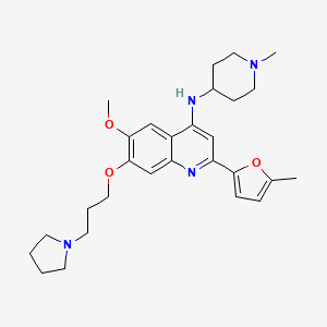 molecular formula C28H38N4O3 B606737 6-甲氧基-2-(5-甲基呋喃-2-基)-N-(1-甲基哌啶-4-基)-7-(3-(吡咯烷-1-基)丙氧基)喹啉-4-胺 CAS No. 1846570-31-7