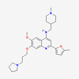 molecular formula C27H35N4O3 B606744 6-甲氧基-2-(5-甲基呋喃-2-基)-N-[(1-甲基哌啶-4-基)甲基]-7-(3-吡咯烷-1-基丙氧基)喹啉-4-胺 CAS No. 1846570-40-8