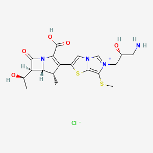 molecular formula C19H25ClN4O5S2 B606781 Imidazo(5,1-b)thiazolium, 6-((2R)-3-amino-2-hydroxypropyl)-2-((4S,5R,6S)-2-carboxy-6-((1R)-1-hydroxyethyl)-4-methyl-7-oxo-1-azabicyclo(3.2.0)hept-2-en-3-yl)-7-(methylthio)-, chloride CAS No. 352308-27-1