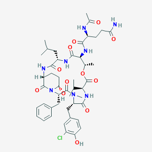 molecular formula C46H63ClN8O12 B606881 (2S)-2-acetamido-N-[(2S,5S,8S,11S,12S,15S,18R,21S)-2-benzyl-5-[(3-chloro-4-hydroxyphenyl)methyl]-21-hydroxy-4,11-dimethyl-15-(2-methylpropyl)-3,6,9,13,16,22-hexaoxo-8-propan-2-yl-10-oxa-1,4,7,14,17-pentazabicyclo[16.3.1]docosan-12-yl]pentanediamide CAS No. 866718-63-0
