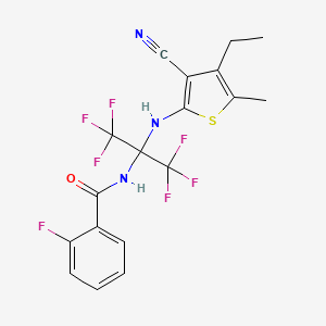 molecular formula C18H14F7N3OS B6068968 N-{2-[(3-cyano-4-ethyl-5-methylthiophen-2-yl)amino]-1,1,1,3,3,3-hexafluoropropan-2-yl}-2-fluorobenzamide 