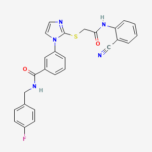 molecular formula C26H20FN5O2S B606901 3-[2-({[(2-cyanophenyl)carbamoyl]methyl}sulfanyl)-1H-imidazol-1-yl]-N-[(4-fluorophenyl)methyl]benzamide CAS No. 1115335-95-9