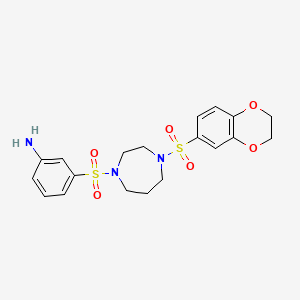 molecular formula C19H23N3O6S2 B606943 3-[[4-(2,3-Dihydro-1,4-benzodioxin-6-ylsulfonyl)-1,4-diazepan-1-yl]sulfonyl]aniline CAS No. 1203494-49-8