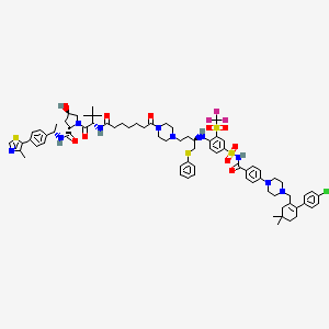 molecular formula C77H96ClF3N10O10S4 B607219 (2s,4r)-1-((s)-2-(7-(4-((r)-3-((4-(N-(4-(4-((4'-chloro-4,4-dimethyl-3,4,5,6-tetrahydro-[1,1'-biphenyl]-2-yl)methyl)piperazin-1-yl)benzoyl)sulfamoyl)-2-((trifluoromethyl)sulfonyl)phenyl)amino)-4-(phenylthio)butyl)piperazin-1-yl)-7-oxoheptanamido)-3,3-dimethylbutanoyl)-4-hydroxy-N-((s)-1-(4-(4-methylthiazol-5-yl)phenyl)ethyl)pyrrolidine-2-carboxamide CAS No. 2365172-42-3