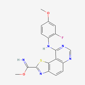 molecular formula C18H14FN5O2S B607279 Methyl 9-((2-fluoro-4-methoxyphenyl)amino)thiazolo[5,4-f]quinazoline-2-carbimidate CAS No. 1425945-60-3