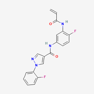 molecular formula C19H14F2N4O2 B607304 N-[4-fluoro-3-(prop-2-enamido)phenyl]-1-(2-fluorophenyl)-1H-pyrazole-4-carboxamide CAS No. 1808714-73-9