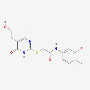 molecular formula C16H18FN3O3S B6075174 N-(3-fluoro-4-methylphenyl)-2-((5-(2-hydroxyethyl)-4-methyl-6-oxo-1,6-dihydropyrimidin-2-yl)thio)acetamide 