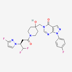 molecular formula C24H23F4N7O3 B607560 (S)-5-((1-(4,4-difluoro-3-(3-fluoro-1H-pyrazol-1-yl)butanoyl)-4-hydroxypiperidin-4-yl)methyl)-1-(4-fluorophenyl)-1,5-dihydro-4H-pyrazolo[3,4-d]pyrimidin-4-one CAS No. 1959551-26-8