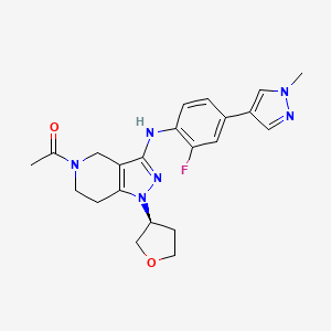 molecular formula C22H25FN6O2 B607679 1-[3-[[2-Fluoranyl-4-(1-Methylpyrazol-4-Yl)phenyl]amino]-1-[(3~{s})-Oxolan-3-Yl]-6,7-Dihydro-4~{h}-Pyrazolo[4,3-C]pyridin-5-Yl]ethanone CAS No. 1936428-93-1