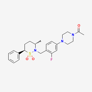 molecular formula C24H30FN3O3S B607682 1-(4-(3-fluoro-4-(((3S,6R)-3-methyl-1,1-dioxido-6-phenyl-1,2-thiazinan-2-yl)methyl)phenyl)piperazin-1-yl)ethanone CAS No. 1537859-24-7