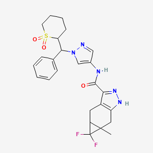 molecular formula C25H27F2N5O3S B607688 Cycloprop[f]indazole-3-carboxamide, 5,5-difluoro-1,4,4a,5,5a,6-hexahydro-5a-methyl-N-[1-[phenyl(tetrahydro-1,1-dioxido-2H-thiopyran-2-yl)methyl]-1H-pyrazol-4-yl]- CAS No. 1705602-02-3