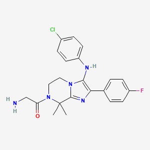 molecular formula C22H23ClFN5O B607702 2-amino-1-(3-((4-chlorophenyl)amino)-2-(4-fluorophenyl)-8,8-dimethyl-5,6-dihydroimidazo[1,2-a]pyrazin-7(8H)-yl)ethanone CAS No. 1261114-01-5