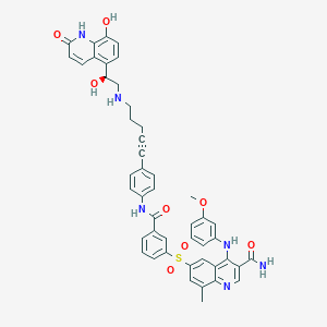 molecular formula C49H43F3N6O10S B607742 6-[3-[[4-[5-[[(2S)-2-hydroxy-2-(8-hydroxy-2-oxo-1H-quinolin-5-yl)ethyl]amino]pent-1-ynyl]phenyl]carbamoyl]phenyl]sulfonyl-4-(3-methoxyanilino)-8-methylquinoline-3-carboxamide CAS No. 1346653-91-5