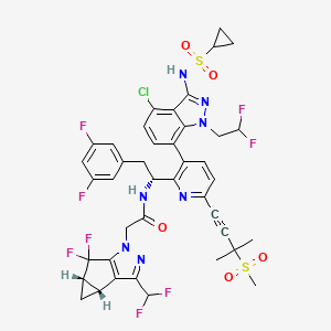 molecular formula C41H36ClF8N7O5S2 B607743 N-[(1R)-1-[3-[4-chloro-3-(cyclopropylsulfonylamino)-1-(2,2-difluoroethyl)indazol-7-yl]-6-(3-methyl-3-methylsulfonylbut-1-ynyl)pyridin-2-yl]-2-(3,5-difluorophenyl)ethyl]-2-[(2R,4S)-9-(difluoromethyl)-5,5-difluoro-7,8-diazatricyclo[4.3.0.02,4]nona-1(6),8-dien-7-yl]acetamide CAS No. 2189684-45-3