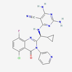 molecular formula C22H17ClFN9O B607748 2,4-Diamino-6-{[(S)-[5-Chloro-8-Fluoro-4-Oxo-3-(Pyridin-3-Yl)-3,4-Dihydroquinazolin-2-Yl](Cyclopropyl)methyl]amino}pyrimidine-5-Carbonitrile CAS No. 1640247-87-5