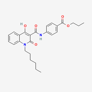 molecular formula C26H30N2O4 B607749 Propyl 4-(1-hexyl-4-hydroxy-2-oxo-1,2-dihydroquinoline-3-carboxamido)benzoate CAS No. 300833-95-8