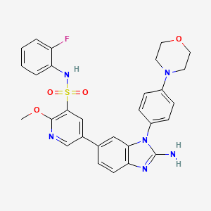 molecular formula C29H27FN6O4S B607882 5-[2-amino-3-(4-morpholin-4-ylphenyl)benzimidazol-5-yl]-N-(2-fluorophenyl)-2-methoxypyridine-3-sulfonamide CAS No. 1416334-69-4
