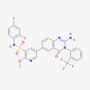molecular formula C27H18F5N5O4S B607884 5-(2-氨基-4-氧代-3-(2-(三氟甲基)苯基)-3,4-二氢喹唑啉-6-基)-N-(2,4-二氟苯基)-2-甲氧基吡啶-3-磺酰胺 CAS No. 1402345-92-9