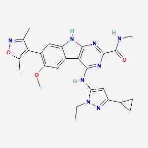 molecular formula C26H28N8O3 B607957 4-[(5-cyclopropyl-2-ethylpyrazol-3-yl)amino]-7-(3,5-dimethyl-1,2-oxazol-4-yl)-6-methoxy-N-methyl-9H-pyrimido[4,5-b]indole-2-carboxamide CAS No. 2093391-24-1