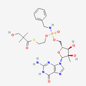 Guanosine, 2'-C-methyl-, 5'-(2-((3-hydroxy-2,2-dimethyl-1-oxopropyl)thio)ethyl N-(phenylmethyl)phosphoramidate)